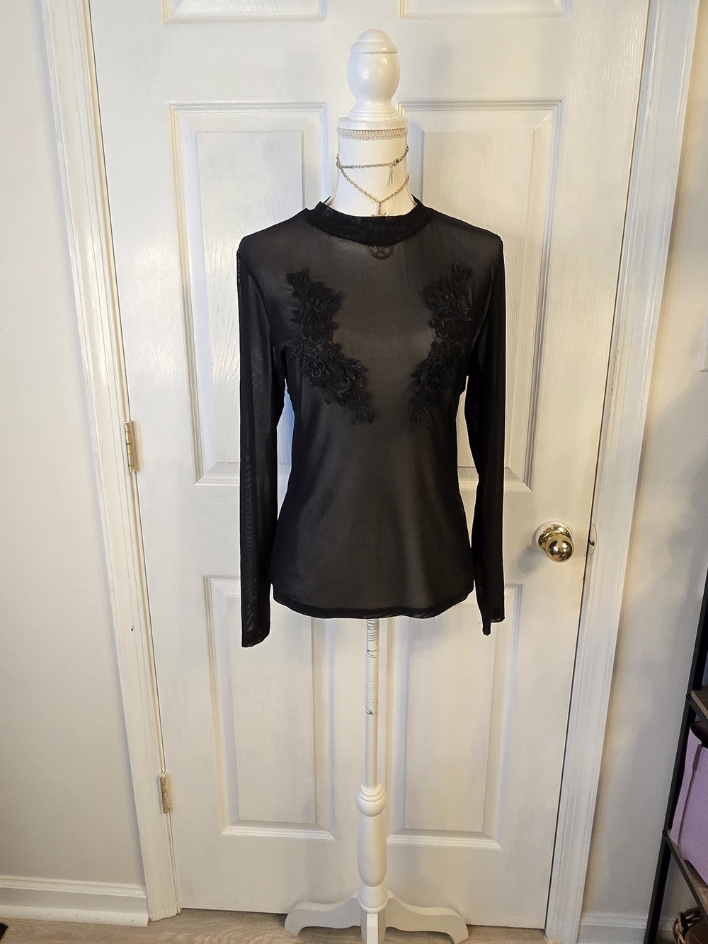 Sweet Rain Black Sheer Long-Sleeve Appliqué Top Large Mesh Goth Emo Coquette